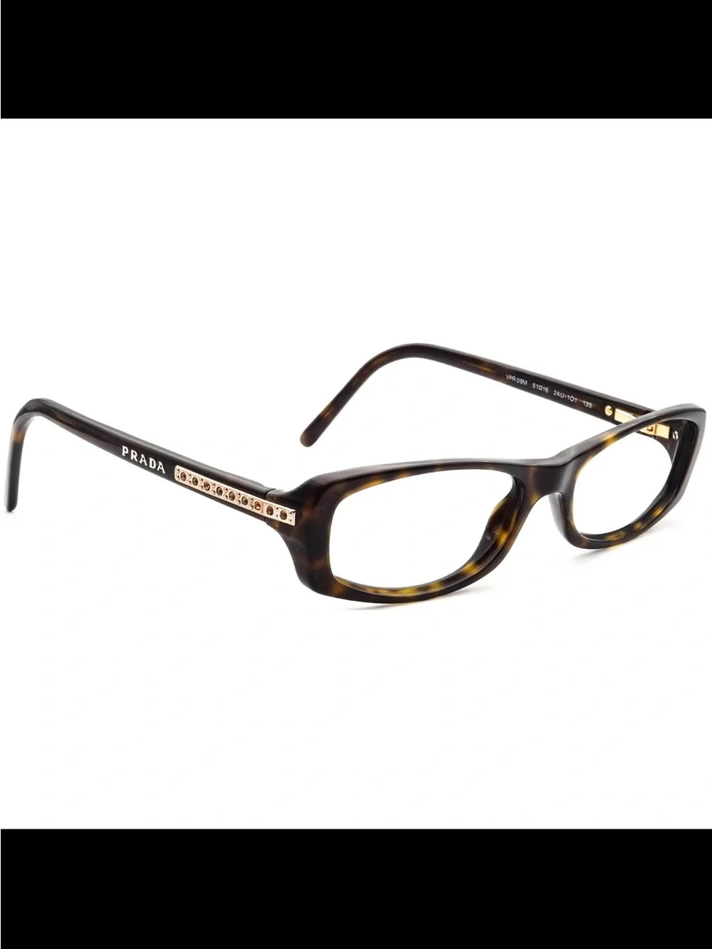 Prada Brown Tortoiseshell Rectangular Women's Glasses with Gold Accents